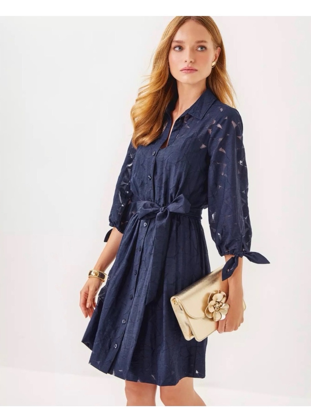 Lilly Pulitzer Amrita Shirt Dress. Navy Button-Front Tie-Waist Midi Dress